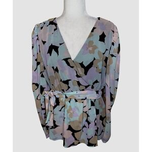 Calvin Klein Pastel Floral Wrap Top V-Neck Peplum Long Sleeve Blouse Large